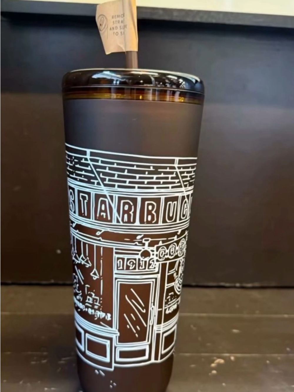 Starbucks Brown Tumbler with White Illustrated Storefront